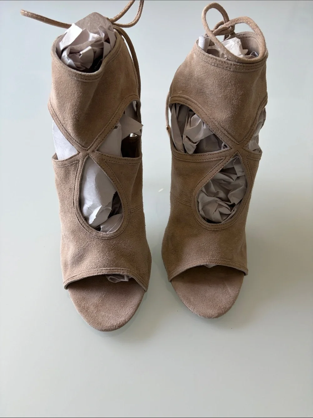 Aquazzura  Nude Sexy Thing Suede Peep Toe Bootie in soft nude suede. Sz 6